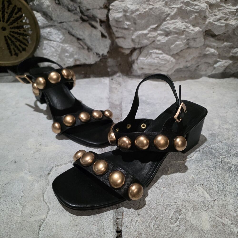 Cecelia New York Women's Heeled Sandals Rally Black 8 Studded Gold Hardware